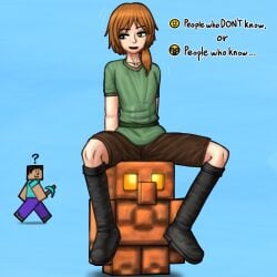 1girls abs alex_(minecraft) breasts copper_golem dildo dildo_insertion dildo_sitting female female fit fit_female flat_chest flat_chested green_eyes kakutkmds microsoft minecraft mojang muscular nipples orange_hair solo standing stealth_masturbation steve_(minecraft) sweat tagme unnecessary_censorship video_game_character video_game_franchise video_games