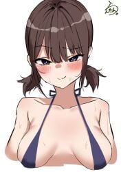 1girls back-tie_bikini back-tie_swimwear bare_arms bare_chest bare_midriff bare_shoulders bare_skin bikini bikini_only bikini_top blue_bikini blue_bikini_top blue_string_bikini blue_swimsuit blue_swimwear blush blush_face blushing_at_viewer blushing_female blushing_lines breasts brown_eyebrows brown_hair brown_hair_female closed_mouth_smile collarbone exposed_arms exposed_chest exposed_midriff exposed_shoulders exposed_skin female female_focus female_only hair_between_eyes halterneck high_resolution highres lanthan lean_figure looking_at_viewer medium_breasts medium_hair midriff narrow_waist original original_art original_artwork original_character purple_eyes purple_eyes_female shoulders simple_background slender_body slender_waist slim_waist smile smiley_face smiling smiling_at_viewer smirk solo string_bikini swimsuit swimwear twintails upper_body white_background