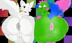 anthro anus ass balls big_butt boy_kisser_(meme) canid canine canis day74art duo fur genitals green_body green_fur hi_res holding_butt kevin_(nyanwolf) looking_at_viewer looking_back male mammal meme multicolored_body multicolored_fur one_eye_closed puffy_anus rainbow_background raised_tail simple_background spread_butt spreading tail tongue tongue_out white_body white_fur wink winking_at_viewer wolf