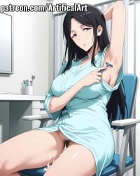 1girls ai_generated armpits artifical_art black_hair clitoris cum_in_pussy eye_bags hands_behind_head hospital hospital_gown light-skinned_female light_skin long_hair mature mature_female milf mommy mother park_kyung_hye perfect_body purple_eyes pussy shaving_armpits solo solo_leveling