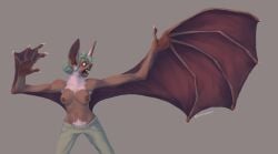 anthro bat bonktubaroa bottomwear breasts brown_background clothing fangs female growth hi_res mammal mid_transformation nipples open_mouth pants pubes shocked simple_background solo surprised_expression teeth tongue transformation wing_growth winged_arms wings