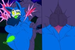 2025 anal anal_sex animal_genitalia animal_penis anon anthro ass balls big_butt blue_body blue_fur bodily_fluids canid canine canine_genitalia canine_penis canis cheese_cake cum duo eerie_(telemonster) forest fur genital_fluids genitals glowing glowing_eyes glowing_genitalia grass green_penis green_tongue heart_symbol hi_res humanoid_genitalia humanoid_penis knot male male/male mammal monster night penetration penis plant stomach_bulge telemonster thick_thighs tongue tree unknown_species wolf