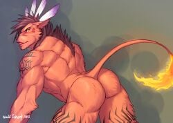 1boy arm_markings artist_name ass bara biceps english_commentary facial_mark feather_hair_ornament feathers fiery_tail final_fantasy final_fantasy_vii from_behind furry furry_male hair_ornament leg_markings looking_at_viewer looking_back male male_focus mane muscular muscular_male null-ghost open_mouth red_fur red_xiii tail tongue tongue_out yaoi