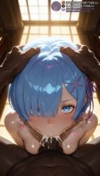 1boy 1girls :>= ai_generated blue_eyes blue_hair blush breasts censored cum cum_in_mouth cum_overflow dark-skinned_male dark_penisrem_(re:zero) dark_skin ejaculation erection fellatio hair_ornament hair_over_one_eye hair_ribbon hands_on_another's_head head_grab heart indoors interracial irrumatio looking_at_viewer medium_breasts meitabuu mosaic_censoring navel nude oral penis pink_ribbon pov pov_crotch re:zero_kara_hajimeru_isekai_seikatsu rem_(re:zero) ribbon short_hair solo_focus straight sweat testicles very_dark_skin x_hair_ornament
