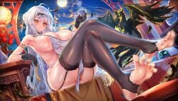 1girls absurdres barefoot blush breasts crossed_legs feet female garter_straps gloves highres jagoo jagoo_(artist) large_breasts long_hair looking_at_viewer parted_lips soles stirrup_legwear sweat thighhighs toeless_legwear toes white_hair yellow_eyes yixuan_(zenless_zone_zero) zenless_zone_zero