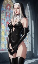 1girls ai_generated ass bewitching_thighs bigmic145 bodysuit breasts carmilla_(castlevania) castlevania castlevania_(netflix) female latex latex_gloves leotard lips long_hair medium_breasts monster_girl nun nun_outfit thighhighs thighs vampire vampire_girl white_hair