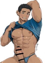 2d 2d_(artwork) 2d_artwork arm_behind_head artist_name artist_signature black_hair black_text blue_shirt blue_swimsuit blush bodybuilder brown_areola competition_swimsuit cum cumming gay gay_male japanese_text looking_at_viewer male male_only muscular muscular_male no_background no_pants original original_character pecs pectorals penis posing posing_for_the_viewer pulling_shirt_up saboteng sitting six_pack smiling smiling_at_viewer solo solo_focus solo_male stubble sweat sweating swimsuit teeth teeth_showing thick_eyebrows thick_penis white_background yaoi