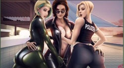 3girls ash_(rainbow_six) ass ass_grab blonde_hair breast_grab ela_(rainbow_six) female_only hourglass_figure iq_(rainbow_six) looking_at_viewer looking_back looking_over_eyewear looking_over_glasses multiple_girls rainbow_six rainbow_six_siege red_hair sunglasses tagme tinted_eyewear tom_clancy yuri