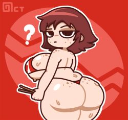 1girls ass back_view bikini breasts canada canadian_flag confused drumsticks female female_only freckles freckles_on_ass freckles_on_breasts freckles_on_face freckles_on_shoulders huge_ass huge_breasts kim_pine micro_bikini mob_face octotron2000 plump question_mark red_hair scott_pilgrim self_upload short_hair shortstack solo solo_female spoken_question_mark sweat sweating thick_thighs thong wide_hips