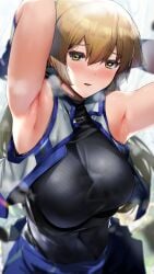 1girls armpit_crease armpits arms_behind_head arms_up black_shirt blonde_hair breast_focus breasts duel_academy_uniform_(yu-gi-oh!_gx) embarrassed female fine_fabric_emphasis fingerless_gloves gloves highres jacket large_breasts lips long_hair looking_at_viewer multiple_views nonohachi open_clothes open_jacket open_mouth shirt simple_background sleeveless sleeveless_jacket sleeveless_shirt tenjouin_asuka turtleneck upper_body very_long_hair vest white_background white_jacket wide_hips yu-gi-oh! yu-gi-oh!_arc-v