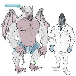 angeliclust ankle_monitor anklet anthro ape bat big_hands claws clothing duo footwear gloved gloves gorilla handwear haplorhine hologram holographic_display holographic_screen jewelry male mammal musclegut muscular muscular_anthro muscular_male primate restrained_feet restraints shoes subject_name suit_jacket suit_symbol test_subject underwear wings work_uniform