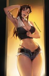 1girls armpits belt belt_buckle big_breasts black_lagoon black_tank_top black_thong blue_shorts bottomwear breasts brown_eyes brown_hair cigarette cigarette_in_mouth cleavage female female_only hair hand_on_head limart lips long_hair revy short_shorts shorts smoke solo solo_female sweat sweatdrop tank_top tattoo tattoo_on_shoulder tattooed_arm tattoos thighs thong topwear towel towel_around_neck unbuttoned_shorts