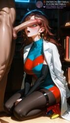 1boy 1girls ai_generated android_21 android_21_(human) balls big_breasts big_penis black_pantyhose blue_dress blue_eyes blush book bookshelf boots breasts brown_hair checkered_clothes checkered_dress clothed_female_nude_male coat detached_sleeves dragon_ball dragon_ball_fighterz dress earrings erection female full_body high_heels hoop_earrings imminent_fellatio indoors jewelry kneeling lab_coat large_breasts large_penis long_hair looking_at_penis male male_pubic_hair meitabuu multicolored_dress nude open_mouth pantyhose penis penis_awe penis_on_face penis_over_eyes piercing red_footwear short_dress solo_focus squatting standing straight testicles thigh_strap tongue tongue_out turtleneck_dress uncensored veins veiny_penis white_coat
