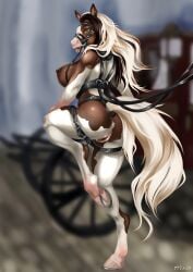 absurd_res alumiv american_paint_horse anthro anus big_breasts bit_gag bondage bound breasts bridle equid equine female fern_(raptors-muffin474) gag gagged genitals hair hi_res horse horse_tack horse_tail horseshoe mammal multicolored_body pussy reins solo tail vulva white_hair working