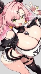 bare_shoulders black_collar black_jacket black_ribbon black_shorts black_sleeves blue_nails blush breasts cleavage collar detached_collar female fingernails green_eyes green_nails grey_background hair_ornament hair_ribbon hairclip heart_collar highres huge_breasts jacket long_hair mole mole_on_breast mole_on_thigh mole_under_eye nail_polish nicole_demara oerba_yun_fang open_mouth pink_hair pink_nails ribbon shigatsu_shizuki shorts simple_background skin_fang smile solo strapless thighs tube_top v white_tube_top zenless_zone_zero