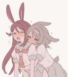 ass blush heart kissing love_live! love_live!_sunshine!! multiple_girls open_mouth rabbit_ears sakurauchi_riko school_uniform serafuku skirt skirt_up sweat tail watanabe_you yuri yuri