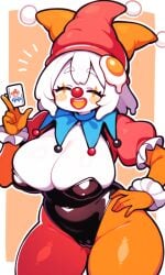 ai_assisted ai_generated balatro big_breasts blush breasts card cleavage closed_eyes clown clown_girl clussy clussy_meme egg egg_(lemyawn) egg_girl_meme female food_creature hand_on_hip knightnyan leotard lipstick makeup meme open_mouth puffy_sleeves short_hair slime_girl thick voluptuous white_hair white_skin