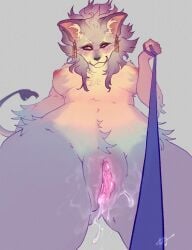 amber_eyes anthro belladonna_(trials_of_mana) bodily_fluids clitoris demon evil_grin felid female first_person_view fur genital_fluids genitals hi_res jewelry leash leash_pull looking_at_viewer looking_down looking_down_at_viewer mammal mana_(series) mobatea purple_body purple_fur smile solo square_enix trials_of_mana vaginal_fluids white_body white_fur