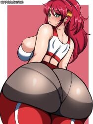 1girls ass big_ass big_breasts bottom_heavy breasts bubble_butt clothing crop_top dat_ass fat_ass female female_only gluteal_fold green_eyes huge_ass hyperrxgue large_ass looking_at_viewer looking_back massive_ass pants pantylines pyrrha_nikos red_hair rwby sideboob solo thick_ass thick_thighs thunder_thighs wide_hips yoga_pants