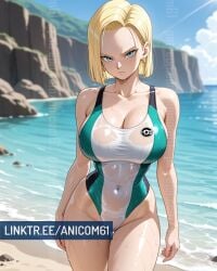 2025 ai_generated android18dx android_18 angry_at_viewer anicom61 anime beach_background blonde_eyebrows blonde_hair_female blue_eyes_female closed_mouth crunchyroll dragon_ball golden_earrings instagram looking_at_viewer manga meta mouth_closed short_hair_female sports_swimsuit toei_animation walking_towards_viewer wet_body wet_skin wet_swimsuit