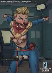 angry arms_behind_back ball_gag belly_button blonde_hair blue_eyes bondage bound bound_wrists cameltoe captain_marvel captured captured_heroine carol_danvers cherrysock costume defeated defeated_heroine drool drooling exposed_breasts forced forced_orgasm gag gagged glaring hitachi_magic_wand humiliation marvel medium_breasts midriff nipple_clamps nipples partially_clothed rape saliva short_hair torn_clothes torn_clothing unwanted_orgasm vibrator