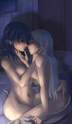 2girls arms_around_waist background bed bedroom blue_eyes blue_hair blush byleth_(fire_emblem) byleth_(fire_emblem)_(female) covering_breasts edelgard_von_hresvelg eyes_half_open female female_only fire_emblem fire_emblem:_three_houses imminent_kiss intelligent_systems large_breasts lin_(cloverholic) long_hair navel night nintendo nude nude_female purple_eyes scar sheets white_hair yuri