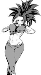 1girls abs base_form_kefla black_eyes black_hair breasts dragon_ball dragon_ball_super earrings female fusion huge_breasts kefla leggings light-skinned_female light_skin looking_at_viewer nipples_visible_through_clothing ponytail potara_earrings rom saiyan short_hair spiky_hair