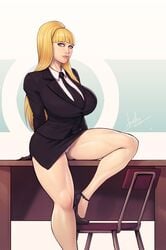 1girls 2020 absurdres alternate_breast_size alternate_outfit ass barely_contained big_breasts blonde blonde_hair blue_eyes breasts busty chair clothed dated desk devil_hs eye_contact female female_only gloves half-closed_eyes highres huge_breasts kolin long_hair looking_at_viewer necktie no_pants office office_clothing office_lady panties panty_shot pantyshot ponytail raised_leg shirt short_skirt skirt solo street_fighter text thick_thighs tight_clothing top_heavy watermark wide_hips