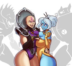 2girls angry bald big_ass big_breasts black_lips black_nails blazbaros blue_skin bracelet breast_grab breast_press breasts bridal_gauntlets chinese_clothes curvy genestealer genestealer_magus hand_on_another's_waist high_collar huge_breasts jewelry leotard light-skinned_female light_skin mecha monster multiple_girls muscular_female no_panties purple_eyes red_eyes red_hair seductive_smile sharp_nails sharp_teeth symmetrical_docking tau teasing thick_thighs tyranid warhammer_(franchise) warhammer_40k white_hair wide_hips yuri