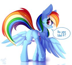 2020 anus ass clothing cutie_mark dialogue digital_media_(artwork) english_text equid equine feathered_wings feathers female feral friendship_is_magic genitals hi_res hooves mammal my_little_pony omiart pterippus pussy rainbow_dash_(mlp) simple_background solo text underhoof underwear white_background wings