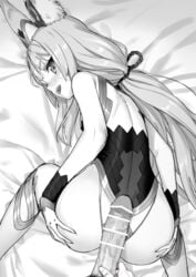 1boy 1girls animal_ear_fluff animal_ears anus ass bar_censor censored crotchless crotchless_leotard deep_skin female from_behind greyscale highres imminent_sex kawakami_rokkaku leotard long_hair looking_at_viewer looking_back lying male_pubic_hair monochrome nia nia_(blade) nintendo penis penis_on_ass pubic_hair smile spoilers spread_ass straight top-down_bottom-up twintails very_long_hair xenoblade_(series) xenoblade_chronicles_2