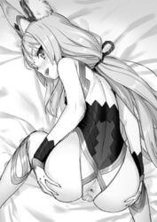 1girls :d animal_ear_fluff animal_ears anus ass bar_censor censored crotchless crotchless_leotard deep_skin female from_behind greyscale highres kawakami_rokkaku leotard long_hair looking_at_viewer looking_back lying monochrome nia nia_(blade) nintendo open_mouth pussy pussy_juice_stain smile spoilers spread_ass top-down_bottom-up twintails very_long_hair xenoblade_(series) xenoblade_chronicles_2