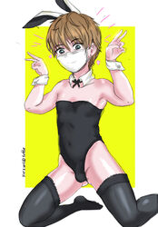 1boy 2019 black_thighhighs border bowtie brown_hair bulge bunny_ears bunnysuit collar crossdressing double_v femboy girly green_eyes heart high_resolution highres kaf3art light-skinned light-skinned_male looking_at_viewer male male_only on_knees outfit peace_sign penis_in_bodysuit penis_in_bunnysuit pose posing short_hair signature sissy smile solo thighhighs thighs trap v watermark white_border yellow_background