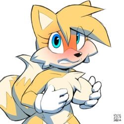 1girls 5_fingers big_breasts breast_grab breasts exposed_torso female female_only footwear fur genderswap handwear large_breasts mostly_nude rule_63 solo solo_female sonic_(series) tails tailsko xylas yellow_fur