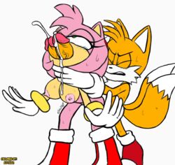 1boy 1girls all_the_way_through amy_rose bodily_fluids breasts colored cum diphallia diphallism edit excito exposed_torso female footwear genital_fluids handwear male multi_penis penis sonic_(series) straight tails third-party_edit