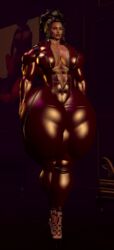 abs bad_anatomy bodysuit large_breasts latex_suit mature mature_female muscular muscular_female open_clothes second_life shiny_clothes shiny_skin solo_female thesusman thick_thighs