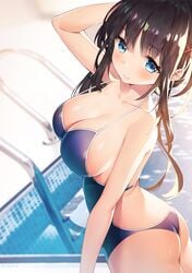 artist_name ass ayami_(annahibi) ayamy bangs bare_arms bare_shoulders black_hair blue_eyes blue_swimsuit blurry blurry_background blush breasts clavicle cleavage cowboy_shot day depth_of_field eyebrows_visible_through_hair female female_only hair_ornament high_resolution in_profile large_breasts long_hair looking_at_viewer looking_to_the_side one-piece_swimsuit one_arm_up original pool pool_ladder sidelocks smile solo standing strap_gap sunlight swimsuit viewed_from_above water x_hair_ornament