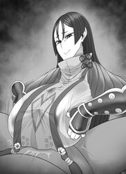 1boy 1girls breasts clothed_sex cum cum_under_clothes ekz fate/grand_order fate_(series) female male minamoto_no_raikou_(fate/grand_order) monochrome outercourse paizuri paizuri_under_clothes precum precum_through_clothing