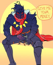 armor belt black_knight black_knight_2000 cape cockzilla dialogue english_text helmet knight male_only medieval_armour money penis pinball red_cape red_eyes scarf