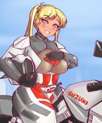 bakuon!! biker biker_clothes biker_girl blonde_hair clothing hand_on_breast helmet jumpsuit keigi_(artist) large_breasts looking_at_viewer motorcycle rin_suzunoki smile suzuki twintails