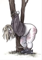 arms_behind_back bondage bottomless chubby crying female femsub hoodie outdoors pants_down rope savannah_horrocks spank_marks spanked tree watercolor_(artwork) whip_marks