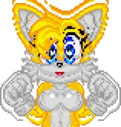 animated blue_eyes bouncing_breasts breasts exposed_torso featureless_breasts female footwear gif handwear mostly_nude pixel_art rule_63 solo sonic_(series) sonictopfan tails tailsko white_background yellow_fur