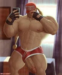 1boy abs areolae ball_bulge baseball_cap big_penis blonde_hair boner briefs camera_phone color digital_media_(artwork) erect_nipples erection fatal_fury fingerless_gloves foreskin foreskin_folds gloves hat huge_cock human intact king_of_fighters large_penis long_hair_male male male_nipples male_only male_pubic_hair manly masculine muscles muscular_male muscular_thighs nipple_holes pecs penis penis_out ponytail precum red_underwear retracted_foreskin smartphone smooth_skinned_male snk solo terry_bogard thick_penis thick_thighs tied_hair treasure_trail uncensored uncut underwear veins veiny_muscles veiny_penis video_games watermark wolf_con_f