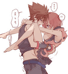 1boy arms_around_neck barefoot breasts breasts_out clothed_sex female kairi kingdom_hearts kingdom_hearts_iii leg_wrap looking_at_another male_penetrating_female medium_breasts nipples panties panties_around_one_leg ramochi_(auti) sex short_hair sleeveless sora sora_(kingdom_hearts) speech_bubble spiked_hair straight tank_top teenage_boy teenage_couple teenager translated underwear upright_straddle white_background young_couple