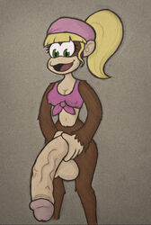 1futa animal_genitalia big_breasts big_penis breasts crop_top dixie_kong donkey_kong_(series) flaccid furry futa_only futanari gripping hair happy intersex long_penis monkey nipple_bulge nipples penis solo solo_futa
