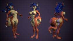 2017 3d 5_fingers 5_toes anthro anthro_only areolae blue_hair brown_eyes canid canine carmelita_fox closed_mouth fox fox_ear fox_ears fox_girl fox_humanoid fox_tail fur furry kruk lipstick long_hair looking_away mouth_closed orange_fur pointy_ears purple_background sly_cooper_(series) smooth_fur sucker_punch_productions video_game video_games