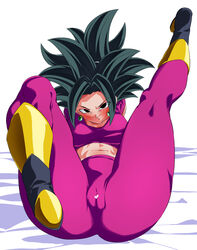 1girls abs base_form_kefla black_eyes black_hair boots breasts cameltoe clothed dragon_ball dragon_ball_super earrings female female_focus female_only fusion huge_breasts kefla leggings light-skinned_female light_skin looking_at_viewer ponytail potara_earrings pussy rom saiyan short_hair shounen_jump solo spiky_hair