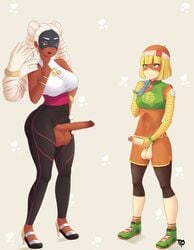 2futas arms_(game) balls big_balls big_breasts big_butt big_penis blonde_hair bracelet breasts circumcised clothed dark-skinned_futanari dark_skin fanart frottage futa_only futanari green_eyes hand_on_hip hand_on_penis high_heels huge_balls huge_cock large_breasts mask min_min_(arms) nintendo penis penis_size_difference simple_background smile standing sweat symmetry taylormoon tight_clothing turquoise_eyes twintails twintelle uncut white_hair wide_hips