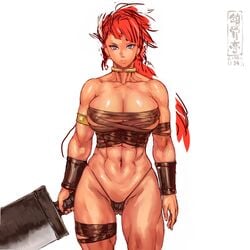 1:1 1girls abs archway_of_venus breasts cleavage dark-skinned_female dark_skin female female_only holding_weapon looking_at_viewer mikanman muscular muscular_female navel red_hair solo solo_female thigh_gap thighs toned toned_female weapon white_background