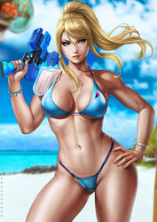 baby_(metroid) beach bikini blonde blonde_hair blue_bikini blue_eyes bracelet cleavage dandon_fuga gun large_breasts long_hair metroid mole_under_mouth navel nintendo samus_aran smiling tagme thong thong_bikini weapon